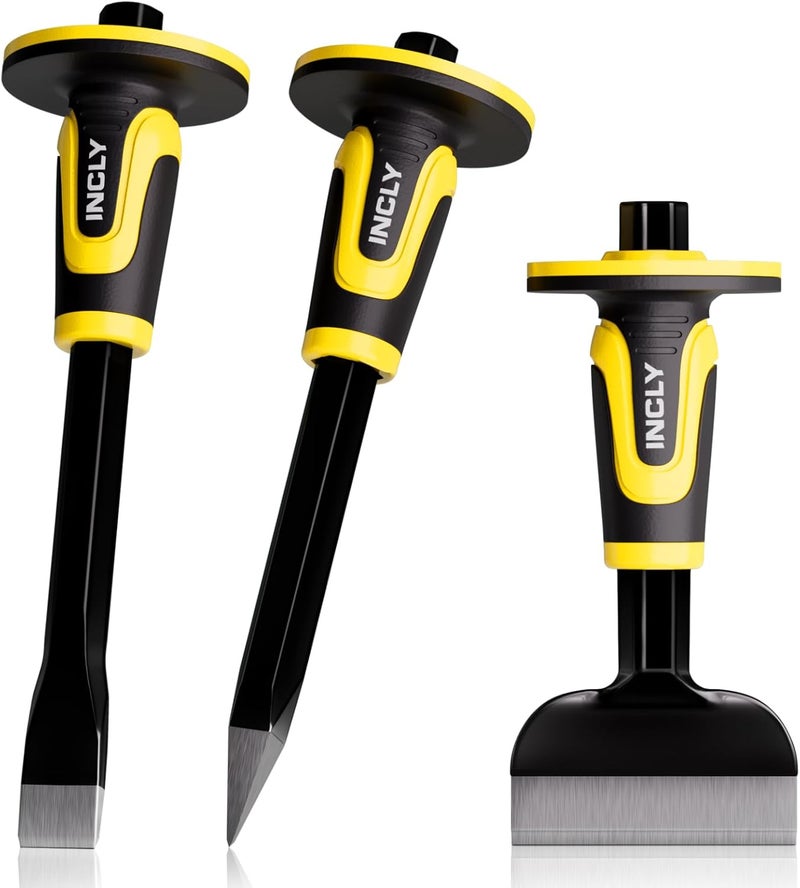 INCLY 3PCS Masonry Chisel Set with Hand Guard, Stone and Rock Chisel, Heavy Duty Concrete Chisel Tools Including 11 Inch Point & Flat, 8 Inch Brick Chisels for Breaking Splitting Cutting - Image 1